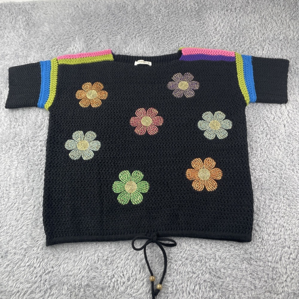Mello Los Angeles Knit Top Women L Black Floral Embroidered Crochet Short Sleeve